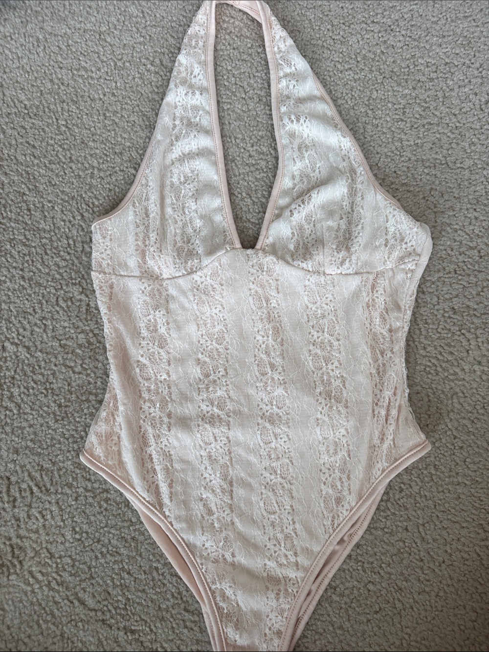 Lace Halter One-Piece Bodysuit in Blush